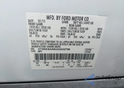 2016 Ford Police Interceptor из США, поврежденный, VIN 1FM5K8AR8GGA52758